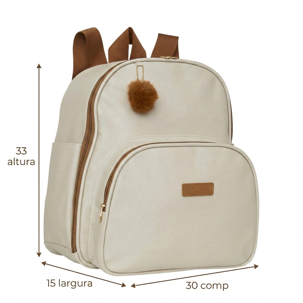 Medidas da Mochila Maternidade de Passeio com Bolso Térmico Amor de Mãe Off White: 33 cm de altura, 15 cm de largura e 30 cm de comprimento