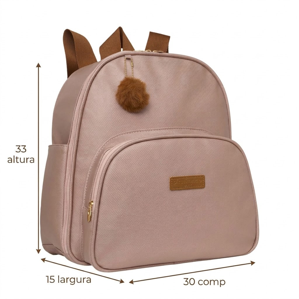 Medidas da Mochila Maternidade de Passeio com Bolso Térmico Amor de Mãe Rosê: 33 cm de altura, 15 cm de largura e 30 cm de comprimento