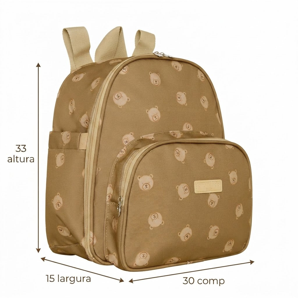 Medidas da Mochila Maternidade de Passeio com Bolso Térmico Brincar Marrom: 33 cm de altura, 15 cm de largura e 30 cm de comprimento