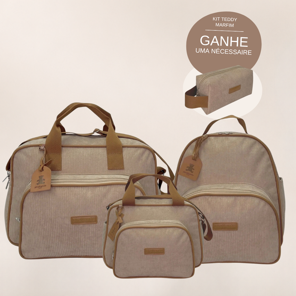 Kit Maternidade Teddy Marfim — Bolsa Grande, Bolsa e Mochila de Passeio