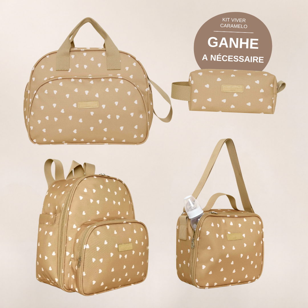 Kit Maternidade Viver Caramelo — Bolsa Grande, Mochila de Passeio e Frasqueira