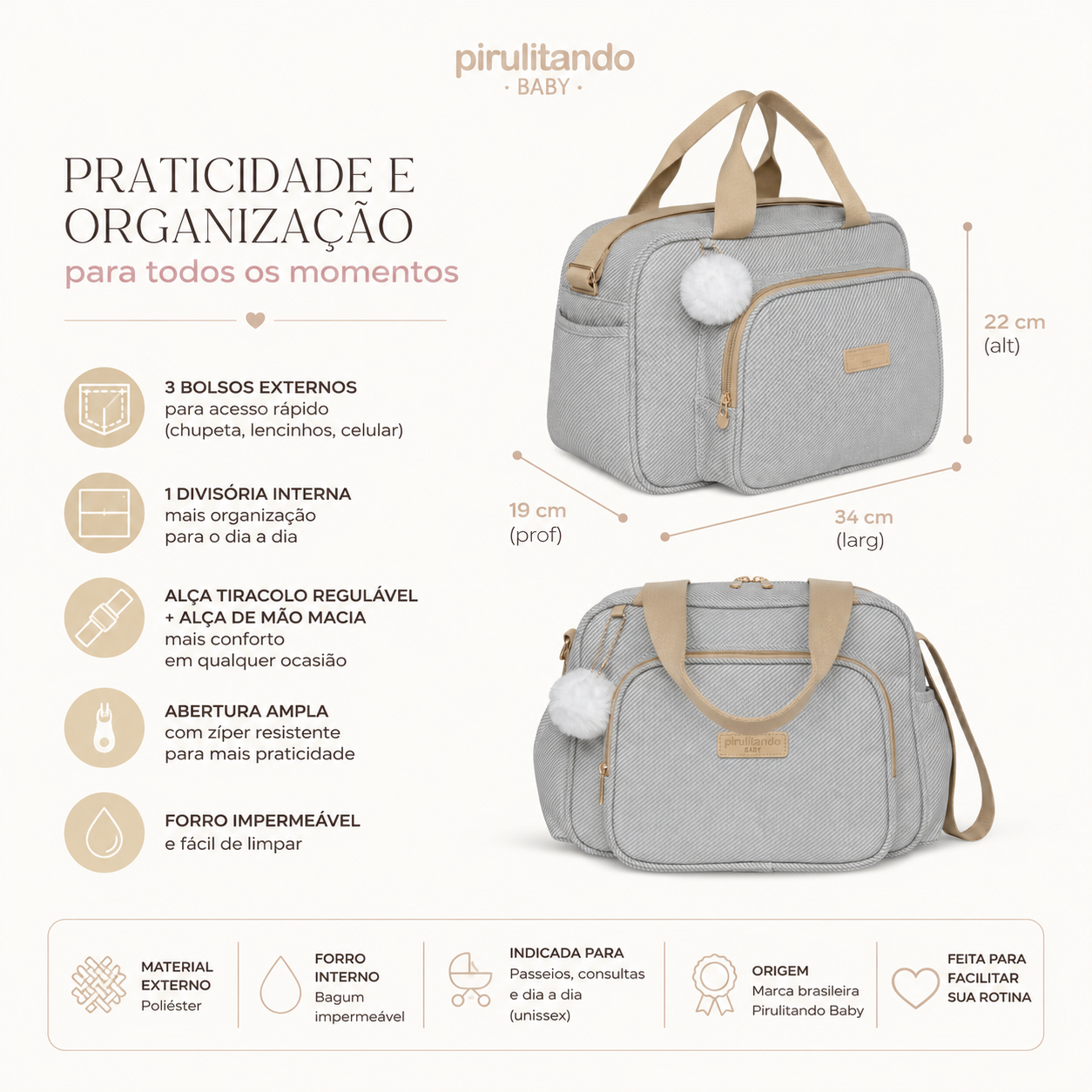 Bolsa de Passeio Nuvem de Algodão Cinza com alça Bege