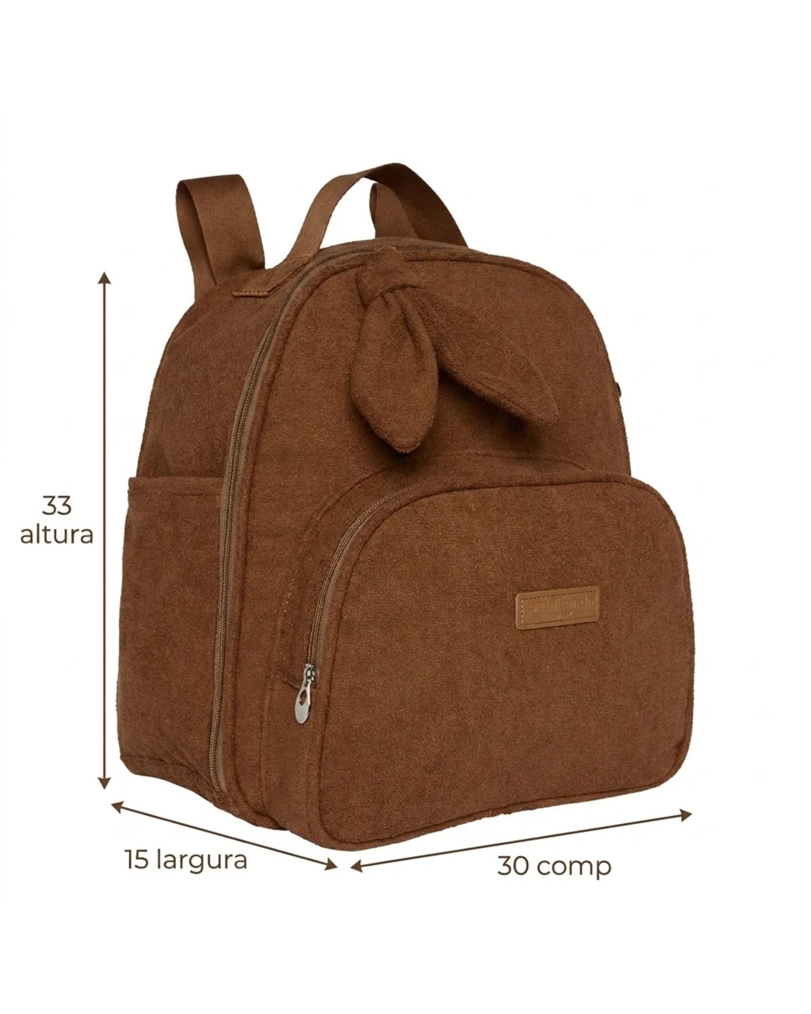 Medidas da Mochila Maternidade de Passeio com Bolso Térmico Dengo Marrom: 33 cm de altura, 15 cm de largura e 30 cm de comprimento