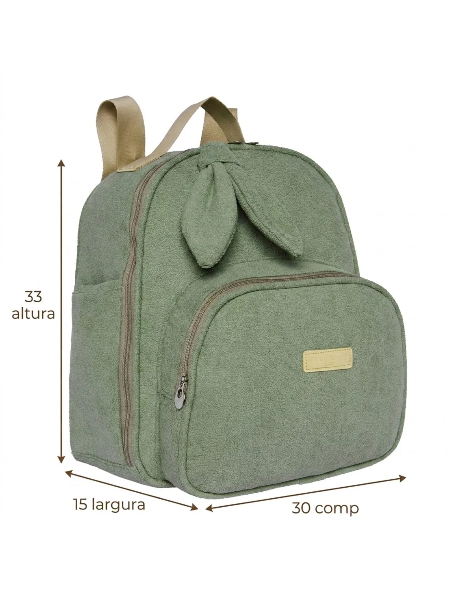 Medidas da Mochila Maternidade de Passeio com Bolso Térmico Dengo Verde: 33 cm de altura, 15 cm de largura e 30 cm de comprimento
