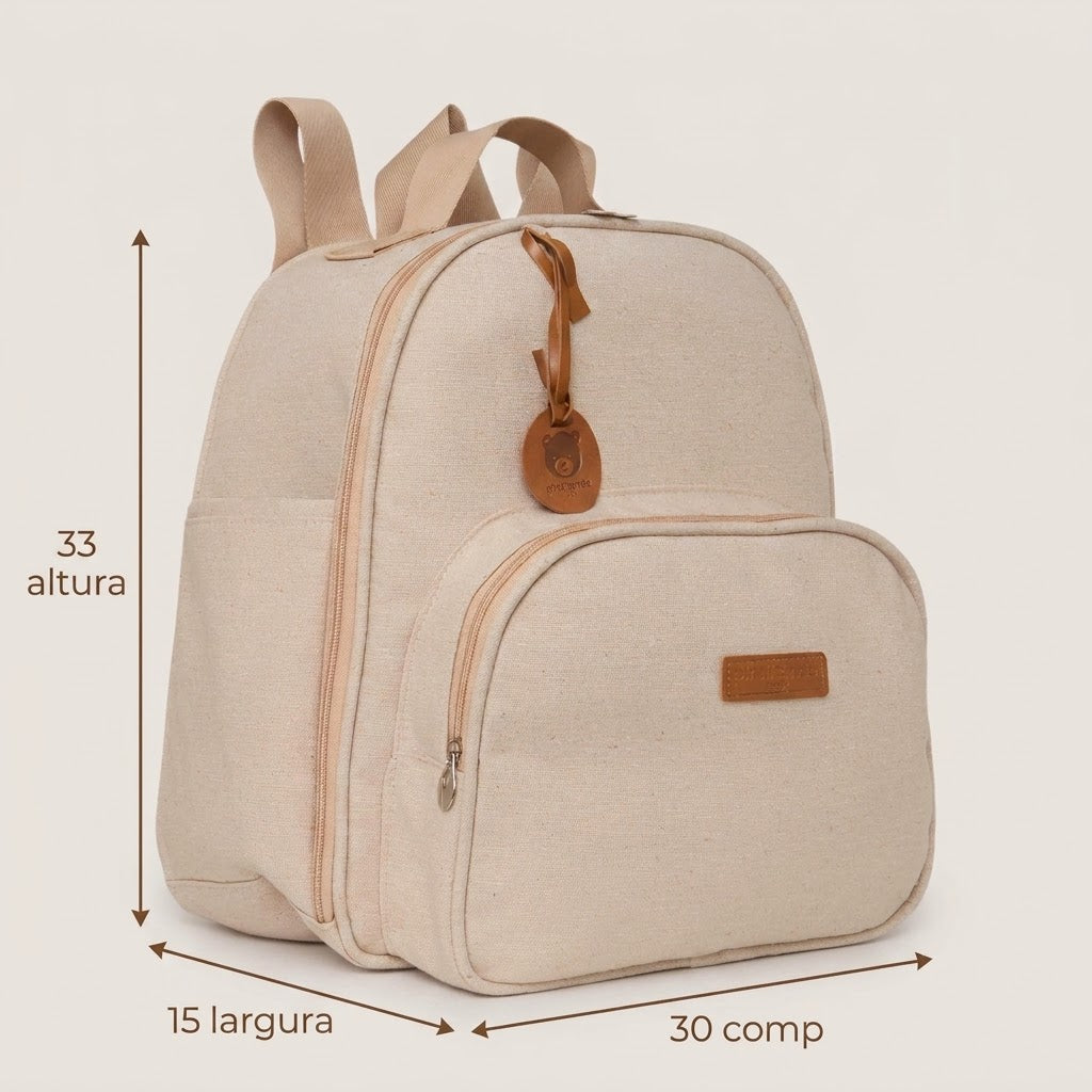 Medidas da Mochila Maternidade de Passeio com Bolso Térmico Sentimento Marfim: 33 cm de altura, 15 cm de largura e 30 cm de comprimento