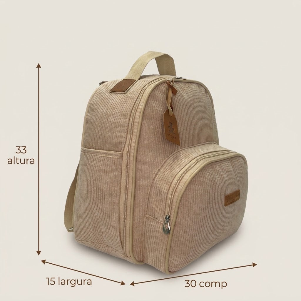 Medidas da Mochila Maternidade de Passeio com Bolso Térmico Teddy Marfim: 33 cm de altura, 15 cm de largura e 30 cm de comprimento