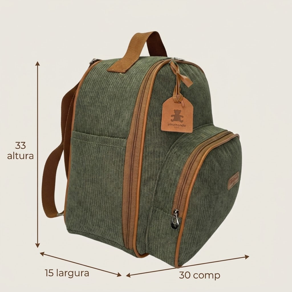 Medidas da Mochila Maternidade de Passeio com Bolso Térmico Teddy Verde: 33 cm de altura, 30 cm de largura e 15 cm de profundidade