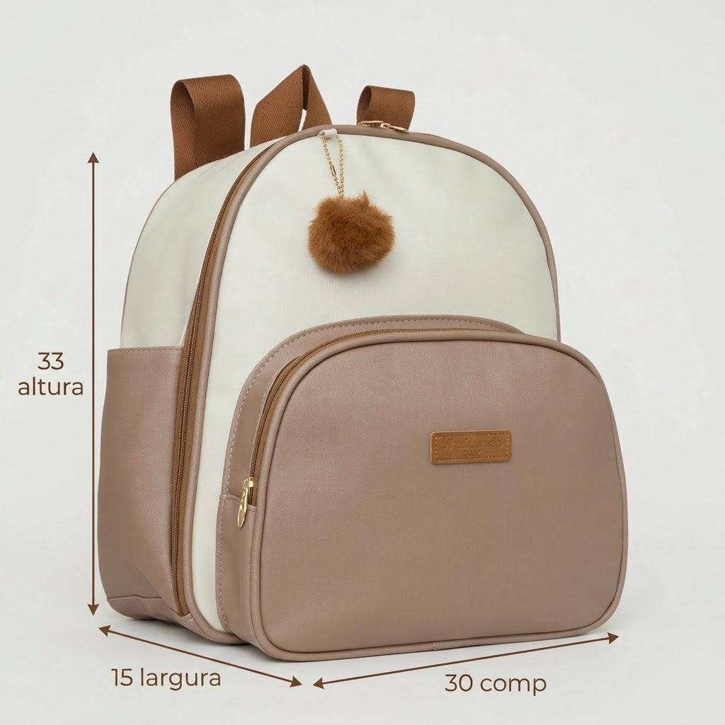Medidas da Mochila Maternidade de Passeio com Bolso Térmico Ternura Off White com Marrom: 33 cm de altura, 15 cm de largura e 30 cm de comprimento