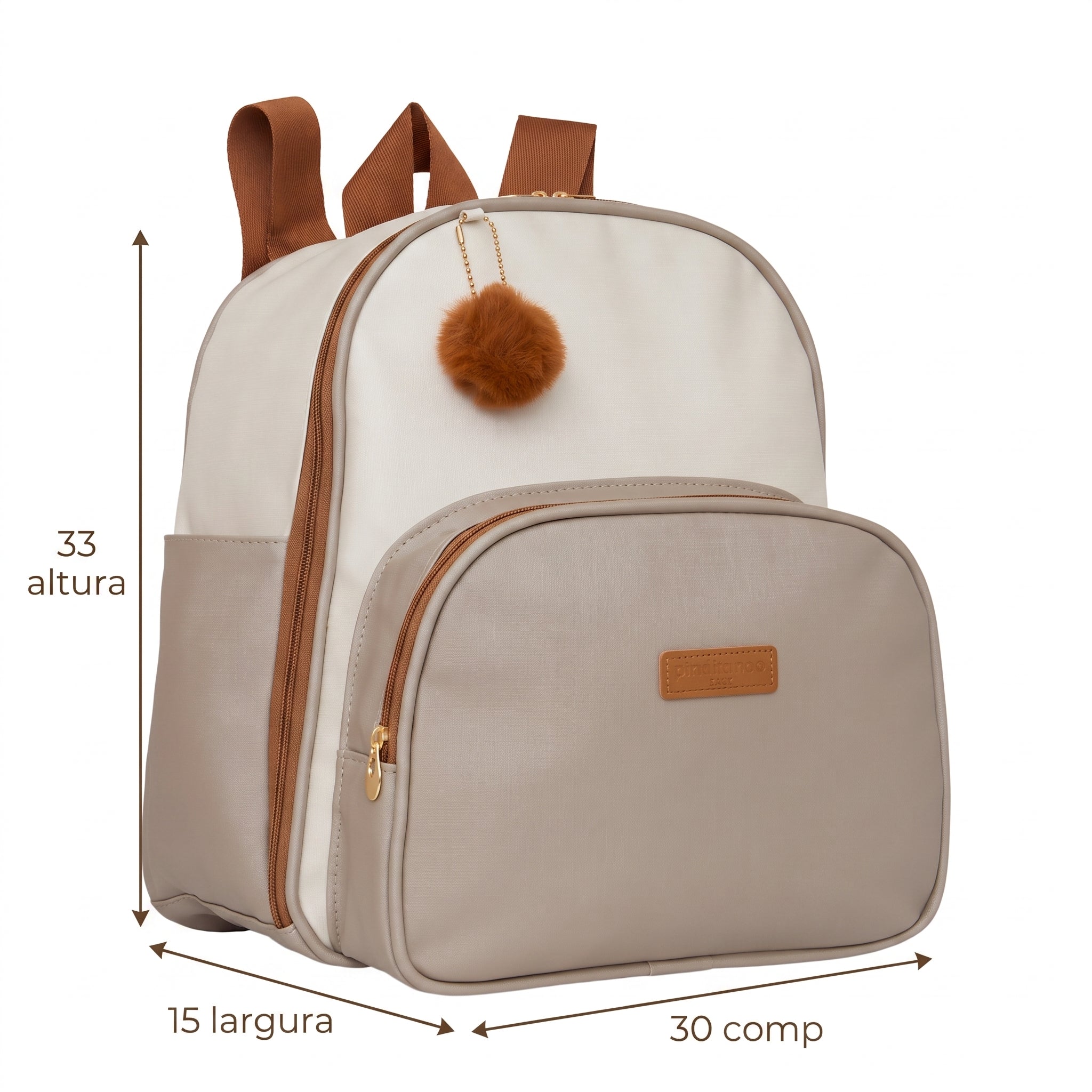 Medidas da Mochila Maternidade de Passeio com Bolso Térmico Ternura Off White com Cinza: 33 cm de altura, 15 cm de largura e 30 cm de comprimento