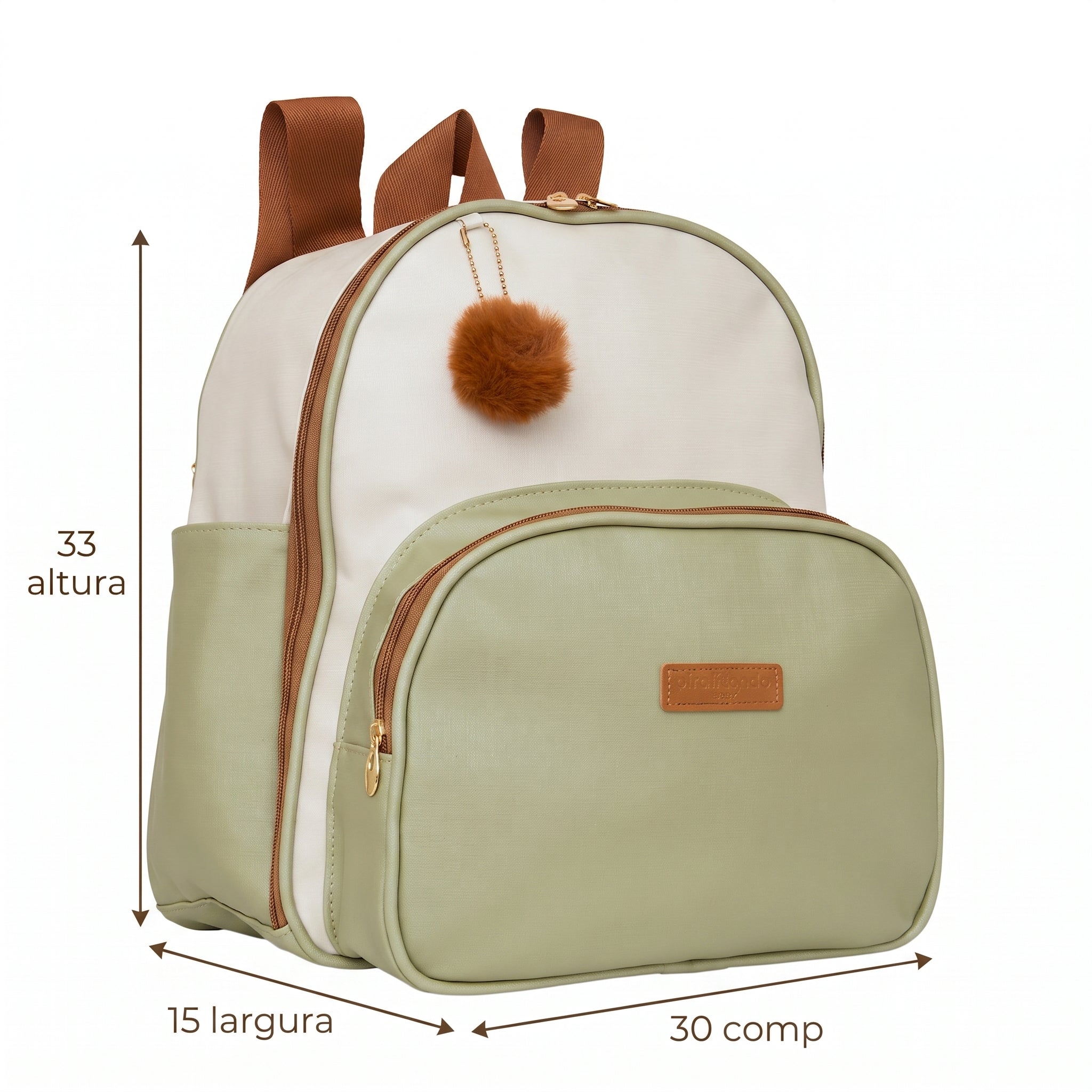 Medidas da Mochila Maternidade de Passeio com Bolso Térmico Ternura Off White com Verde: 33 cm de altura, 15 cm de largura e 30 cm de comprimento