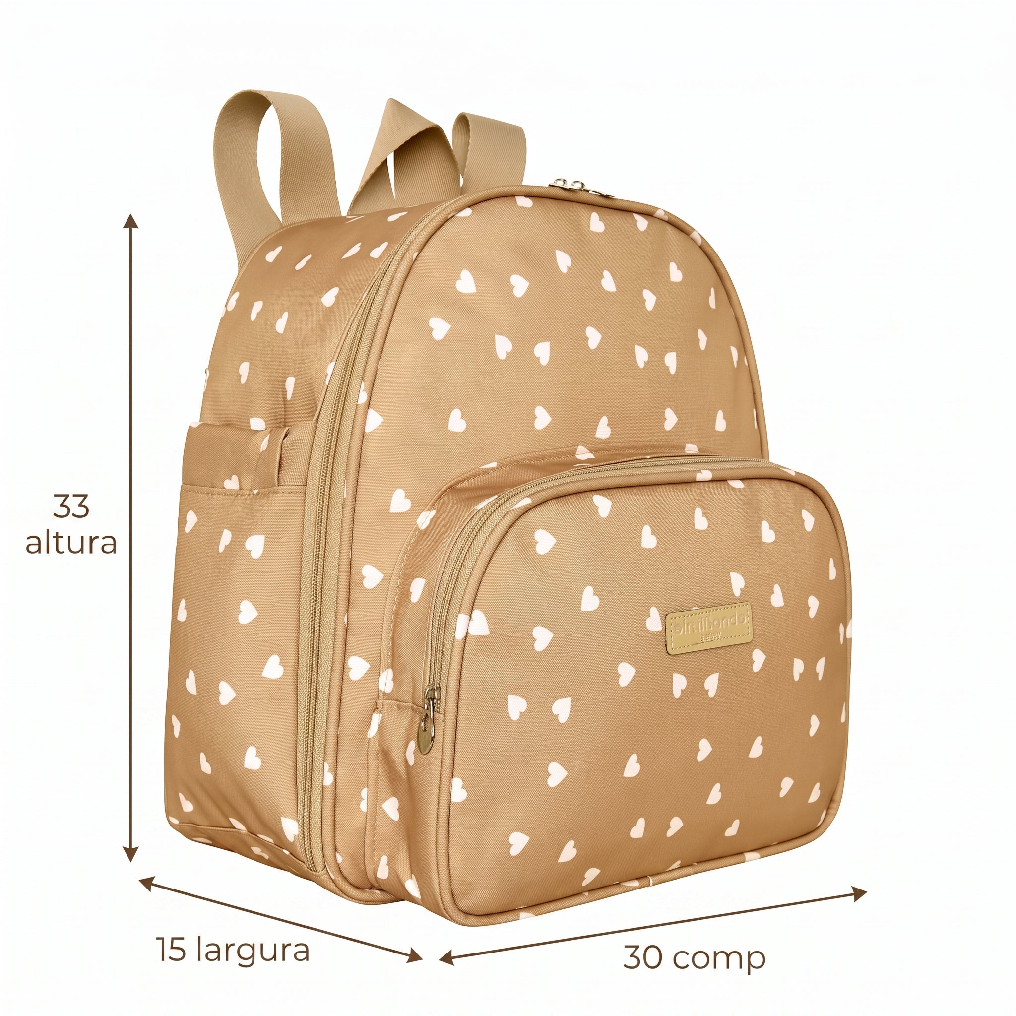 Medidas da Mochila Maternidade de Passeio com Bolso Térmico Viver Caramelo: 33 cm de altura, 15 cm de largura e 30 cm de comprimento