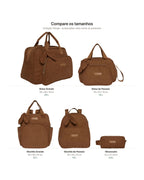 Comparativo de tamanhos da Coleção Dengo em proporção real: Bolsa Grande 39x28x18 cm (20 L), Bolsa de Passeio 34x22x19 cm (14 L), Mochila Grande 28x36x22 cm (22 L), Mochila de Passeio 30x33x15 cm (15 L) e Nécessaire 23x12x9 cm (2,5 L)