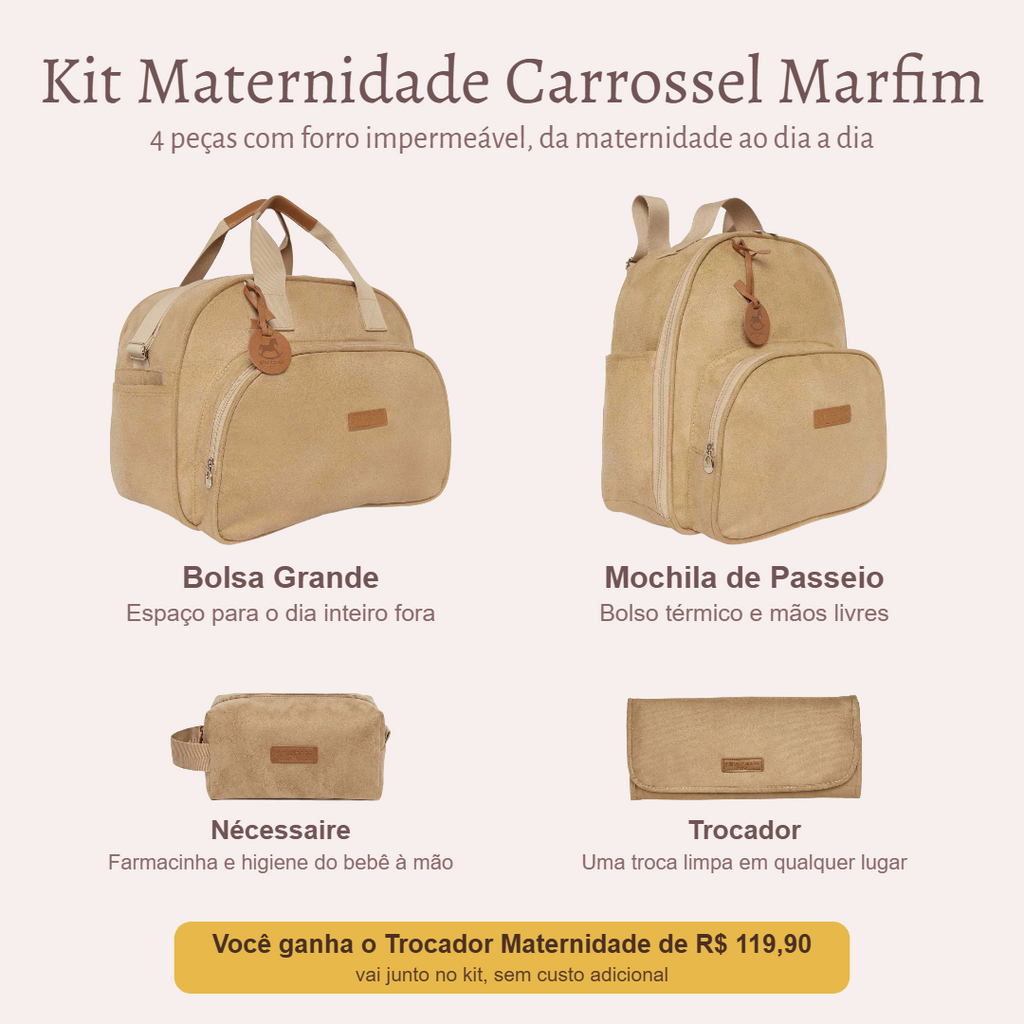 Kit Maternidade Carrossel Marfim — o que vem no kit; o Trocador vai de presente