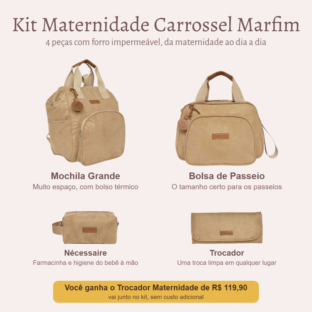 Kit Maternidade Carrossel Marfim — o que vem no kit; o Trocador vai de presente