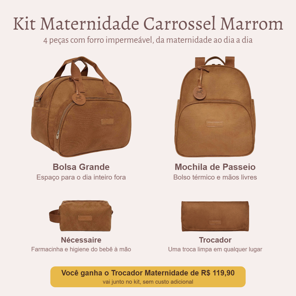 Kit Maternidade Carrossel Marrom — o que vem no kit; o Trocador vai de presente
