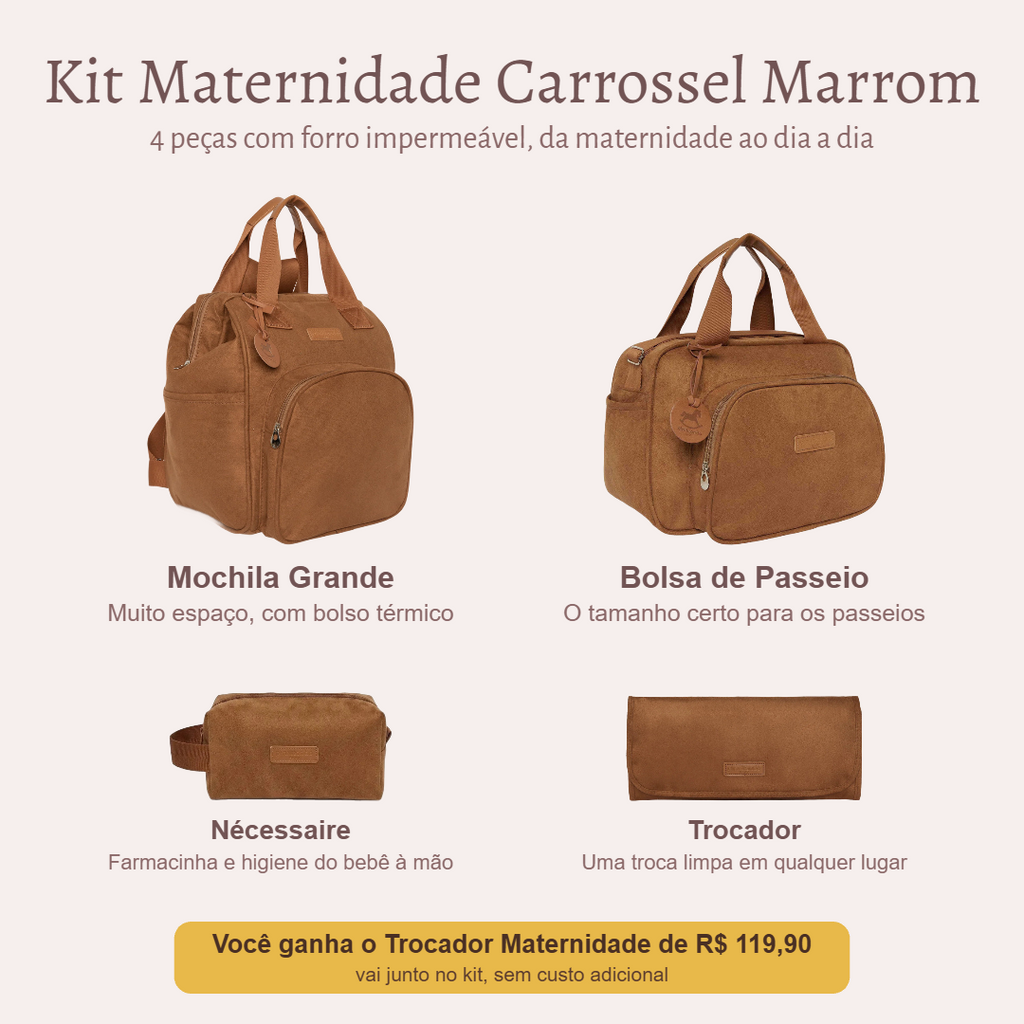 Kit Maternidade Carrossel Marrom — o que vem no kit; o Trocador vai de presente