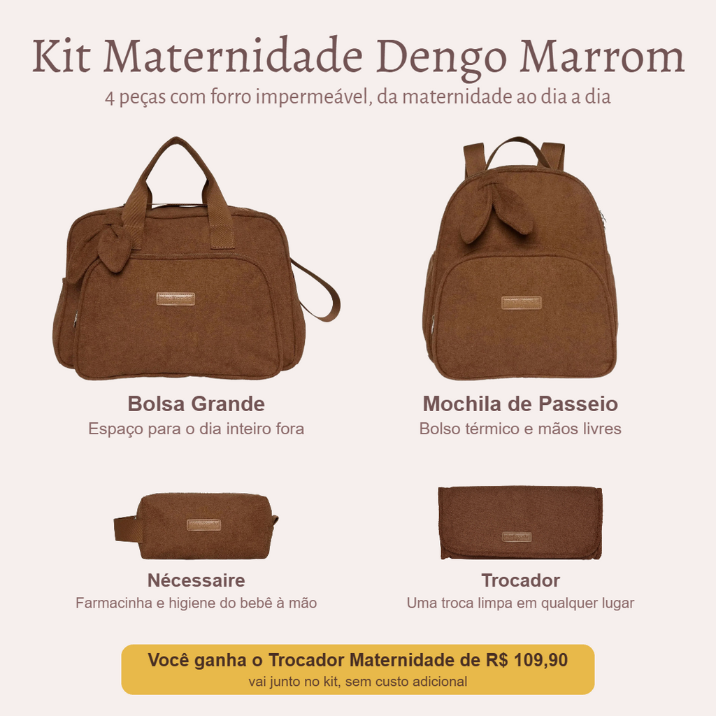 Kit Maternidade Dengo Marrom — o que vem no kit; o Trocador vai de presente