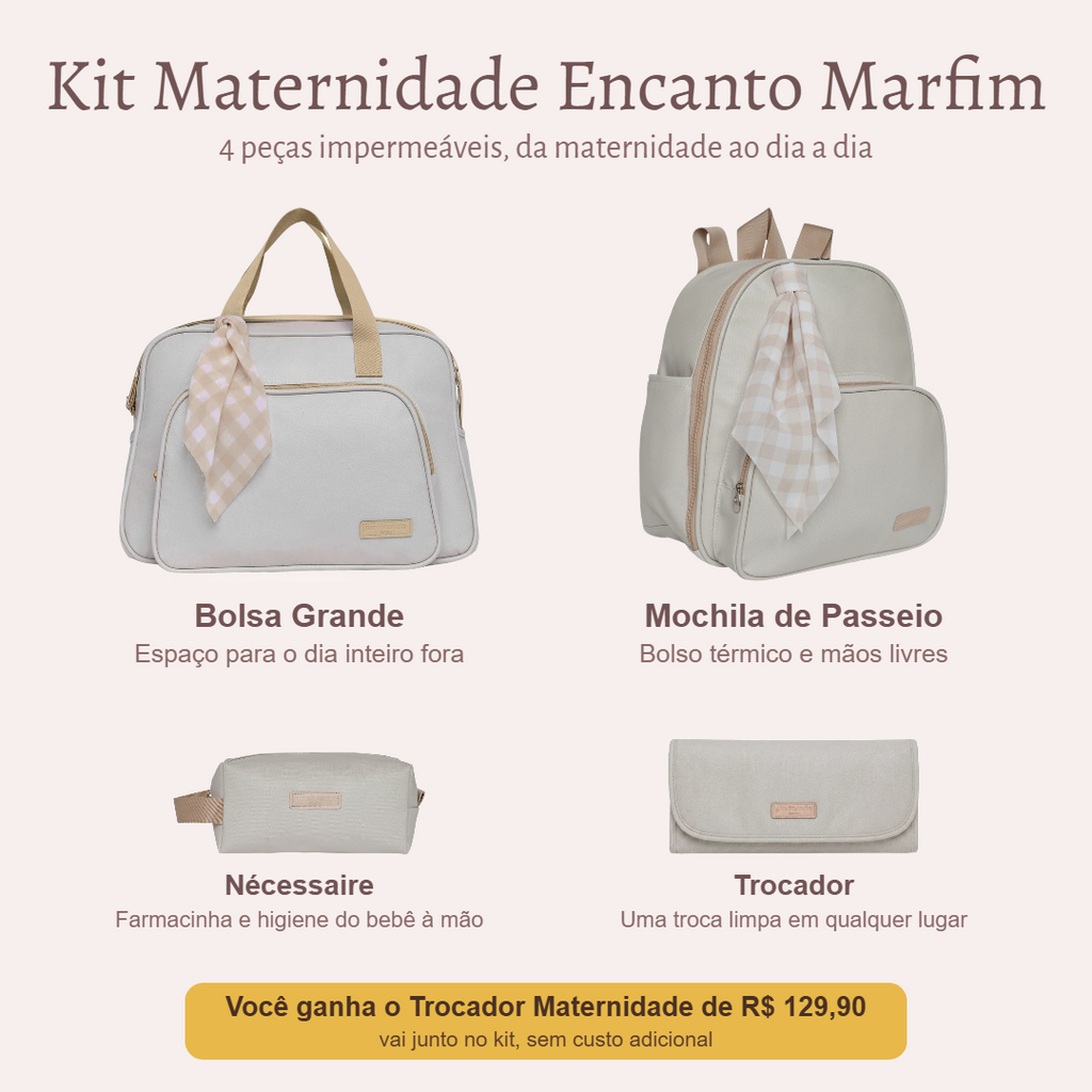 Kit Maternidade Encanto Marfim — o que vem no kit; o Trocador vai de presente