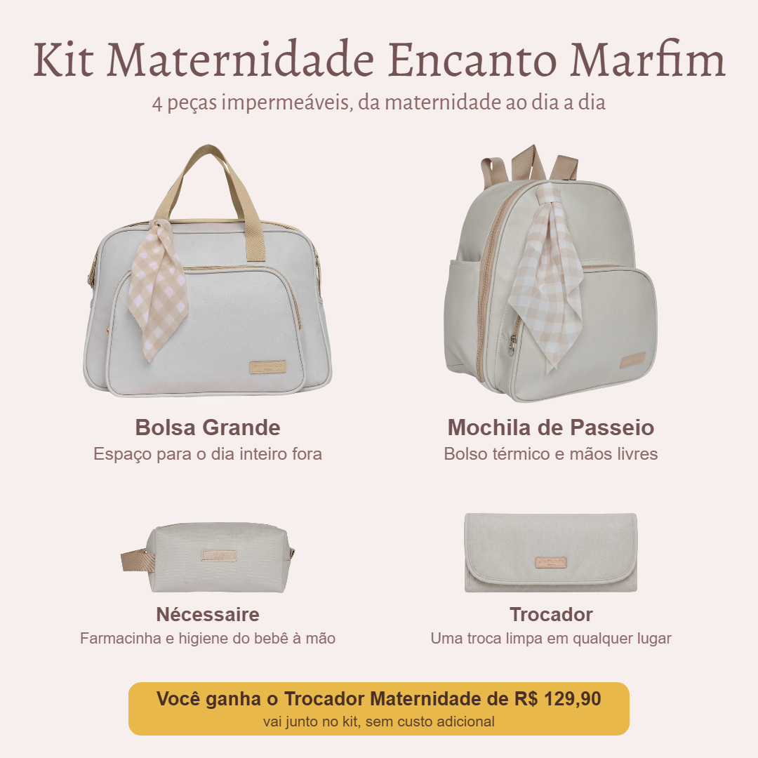 Kit Maternidade Encanto Marfim — o que vem no kit; o Trocador vai de presente