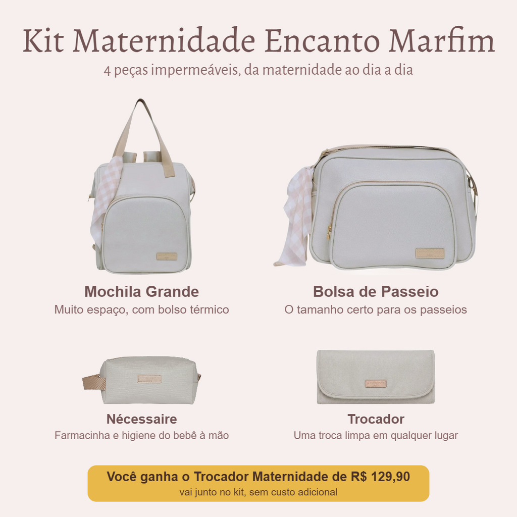 Kit Maternidade Encanto Marfim — o que vem no kit; o Trocador vai de presente