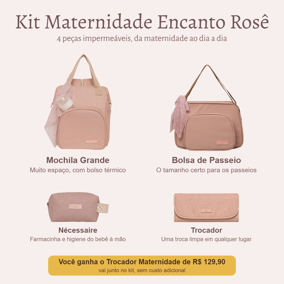 Kit Maternidade Encanto Rosê — o que vem no kit; o Trocador vai de presente