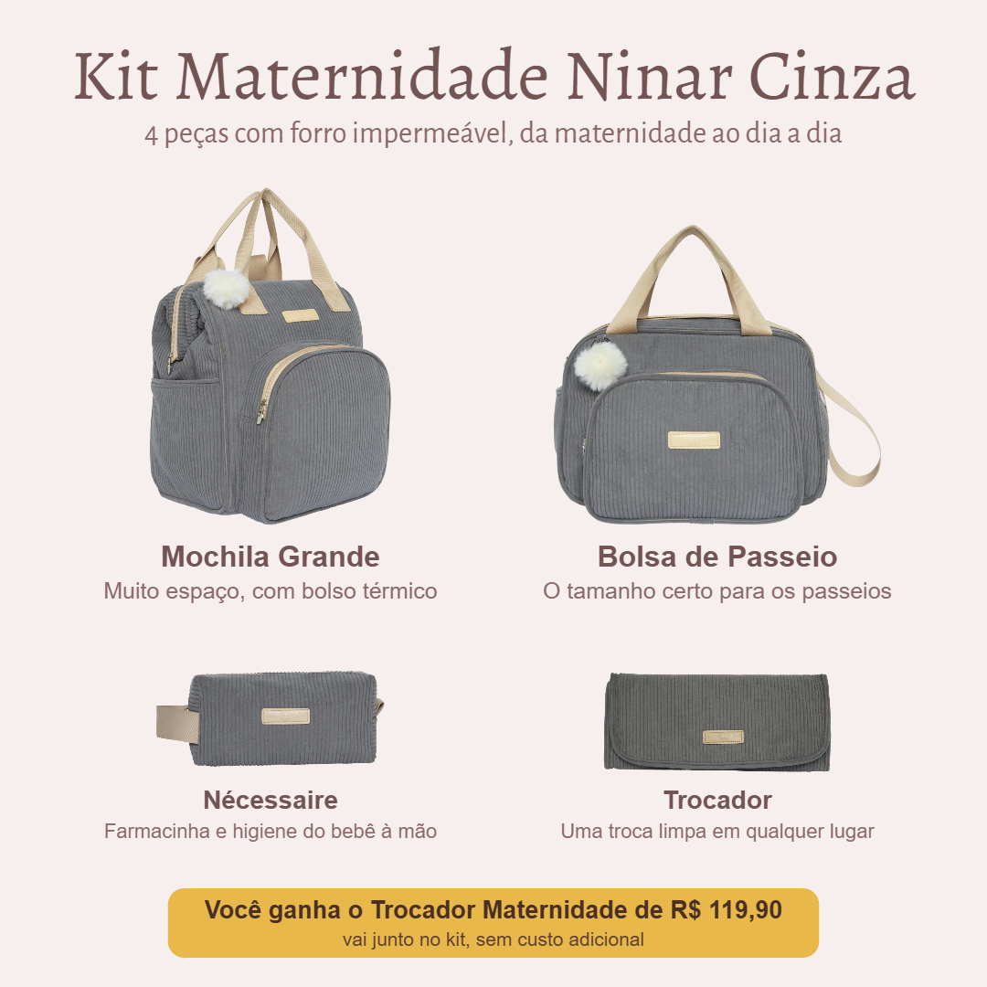 Kit Maternidade Ninar Cinza — o que vem no kit; o Trocador vai de presente