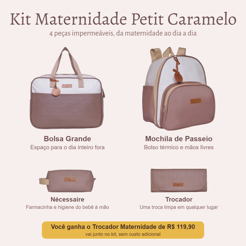 Kit Maternidade Petit Caramelo — o que vem no kit; o Trocador vai de presente