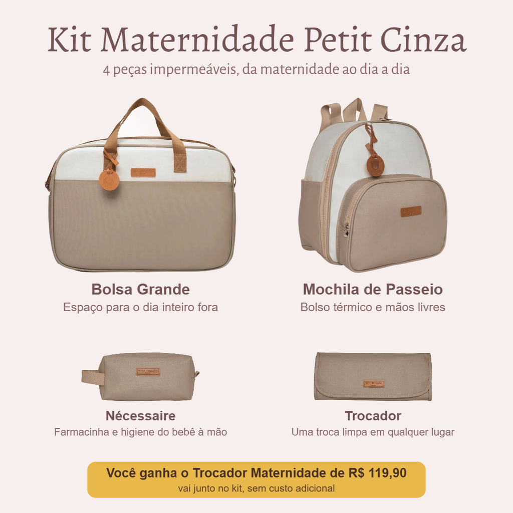 Kit Maternidade Petit Cinza — o que vem no kit; o Trocador vai de presente