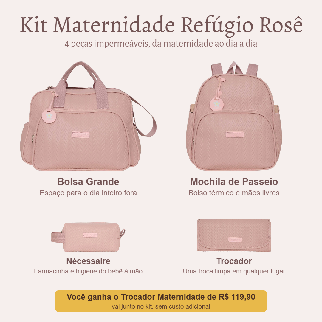 Kit Maternidade Refúgio Rosê — o que vem no kit; o Trocador vai de presente
