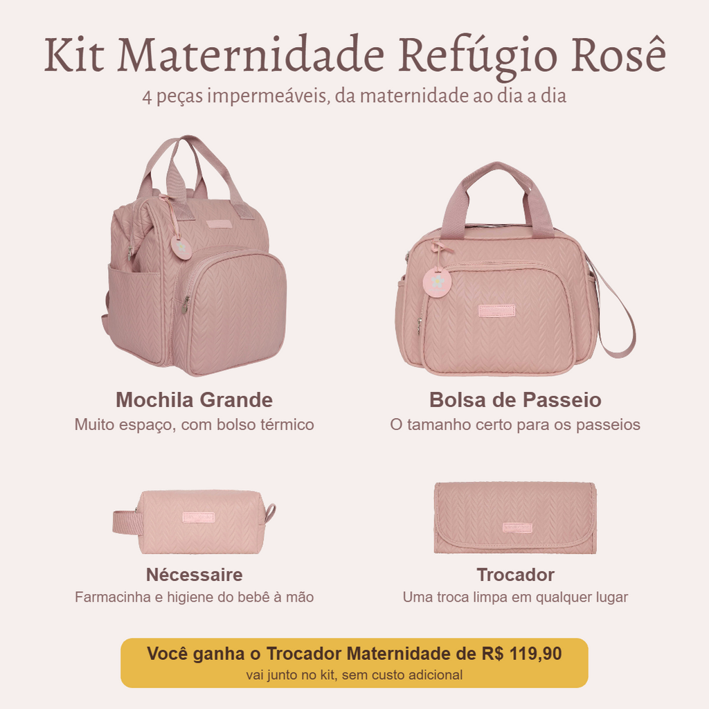 Kit Maternidade Refúgio Rosê — o que vem no kit; o Trocador vai de presente