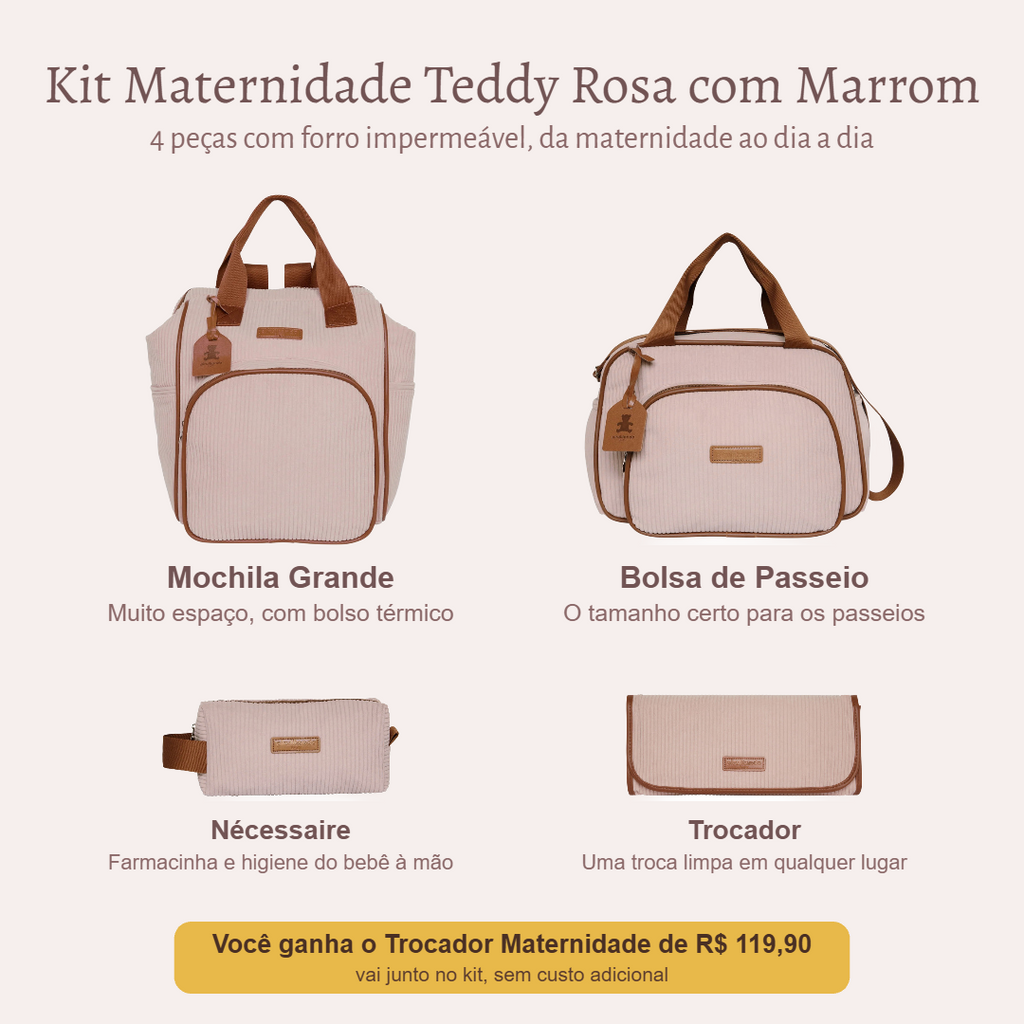 Kit Maternidade Teddy Rosa com Marrom — o que vem no kit; o Trocador vai de presente