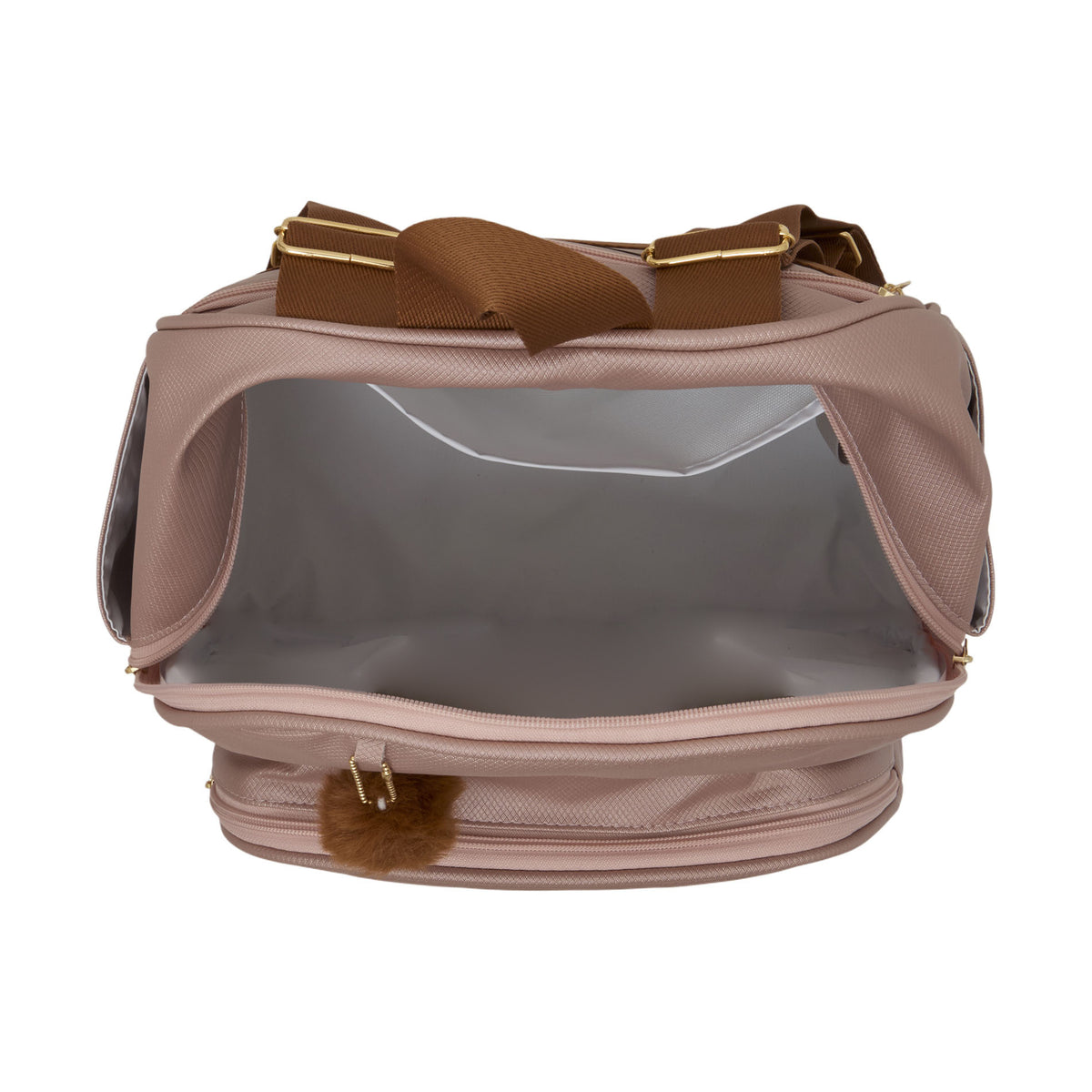 Interior da Mochila Maternidade de Passeio Amor de Mãe Rosê com uma divisória interna e forro impermeável