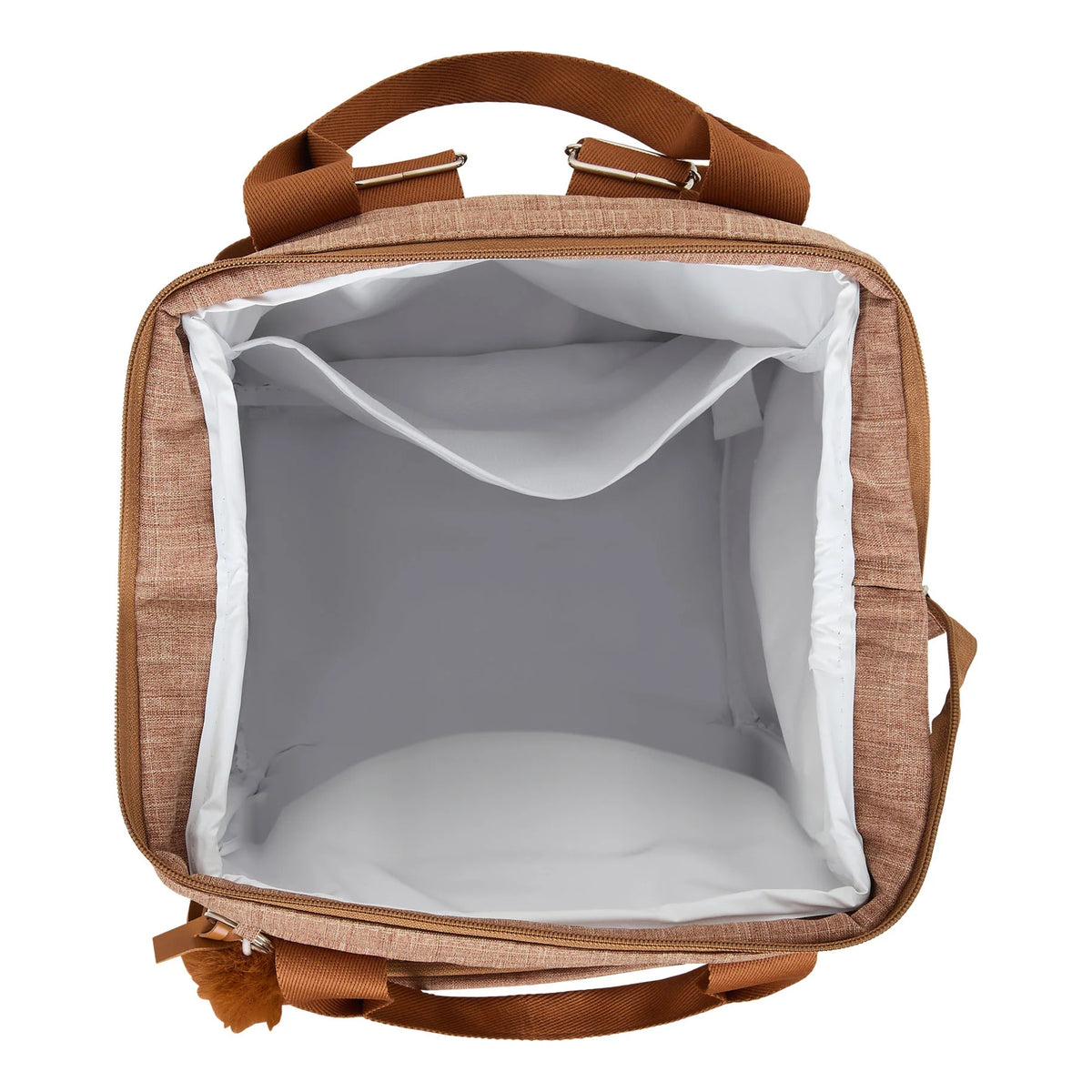 Interior da Mochila Maternidade Grande Memórias Marrom com bolso interno superior e forro impermeável