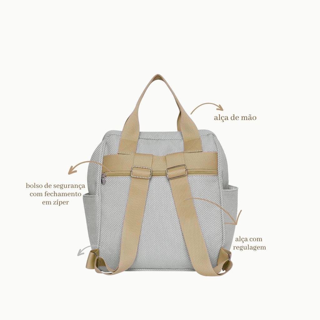 Mochila Maternidade Grande Nuvem de Algodão Cinza - costas: alças com regulagem e bolso de segurança com zíper