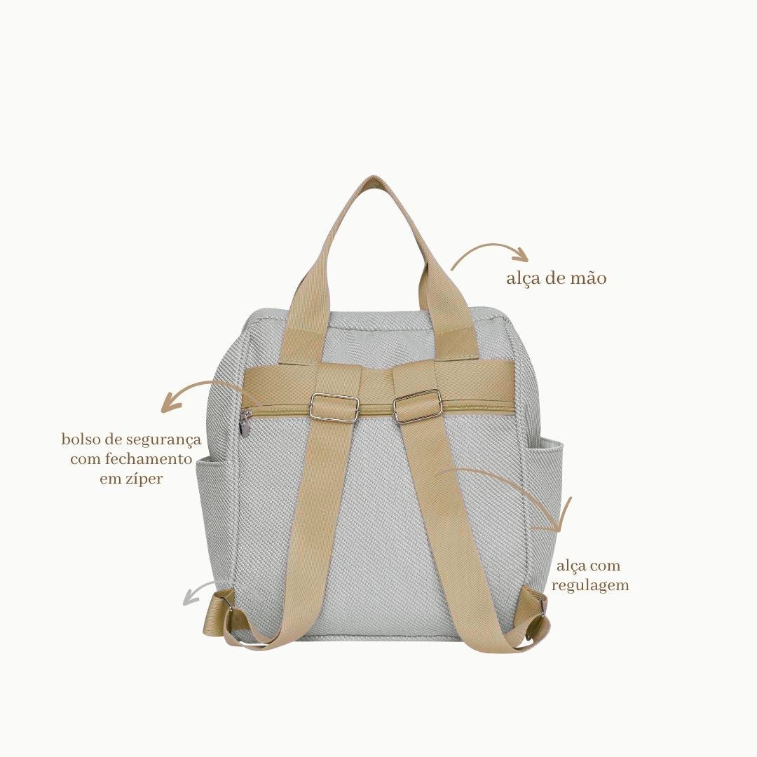 Mochila Maternidade Grande Nuvem de Algodão Cinza - costas: alças com regulagem e bolso de segurança com zíper