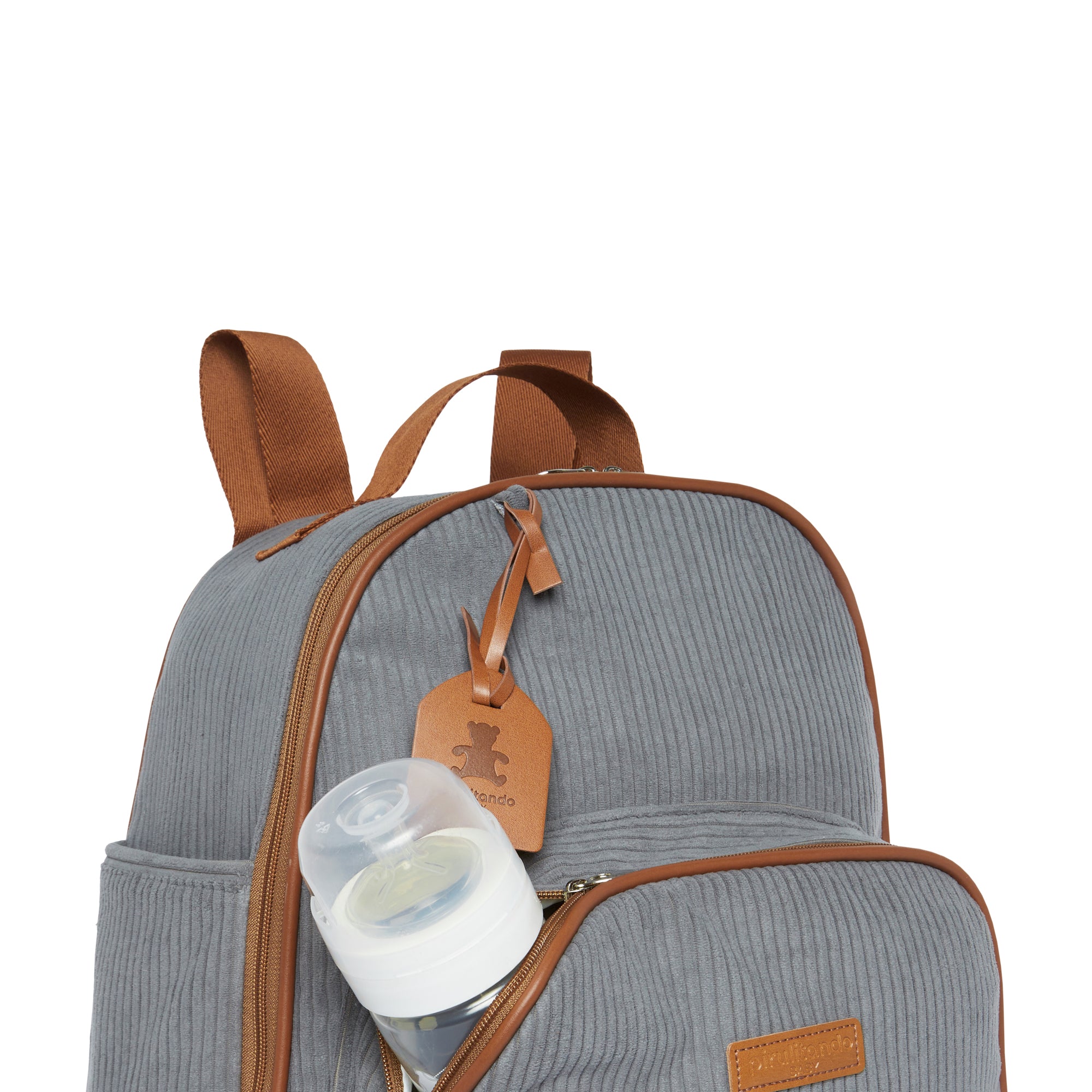 Mochila Maternidade de Passeio com Bolso Térmico Teddy Cinza com Marrom