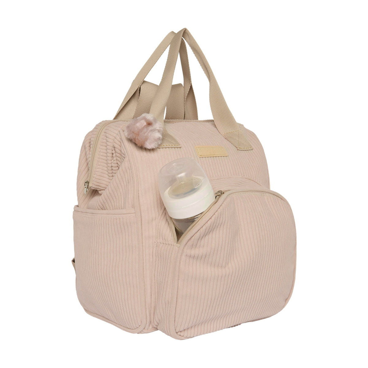 Mochila Maternidade Grande Ninar Rosê com mamadeira no bolso térmico