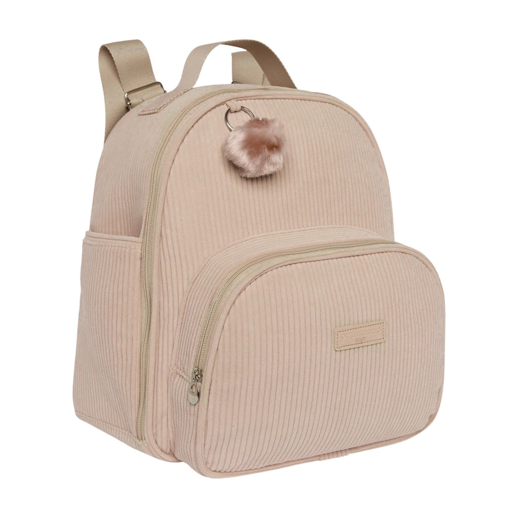 Mochila maternidade de passeio Ninar rosê vista lateral, com bolso térmico frontal